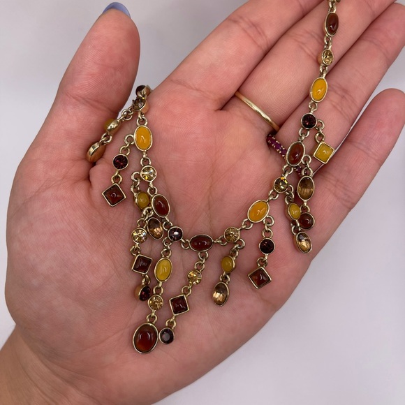 Gold-Tone Jeweled Cabochon Multi-Color Bib Victorian Style Necklace - Picture 4 of 4